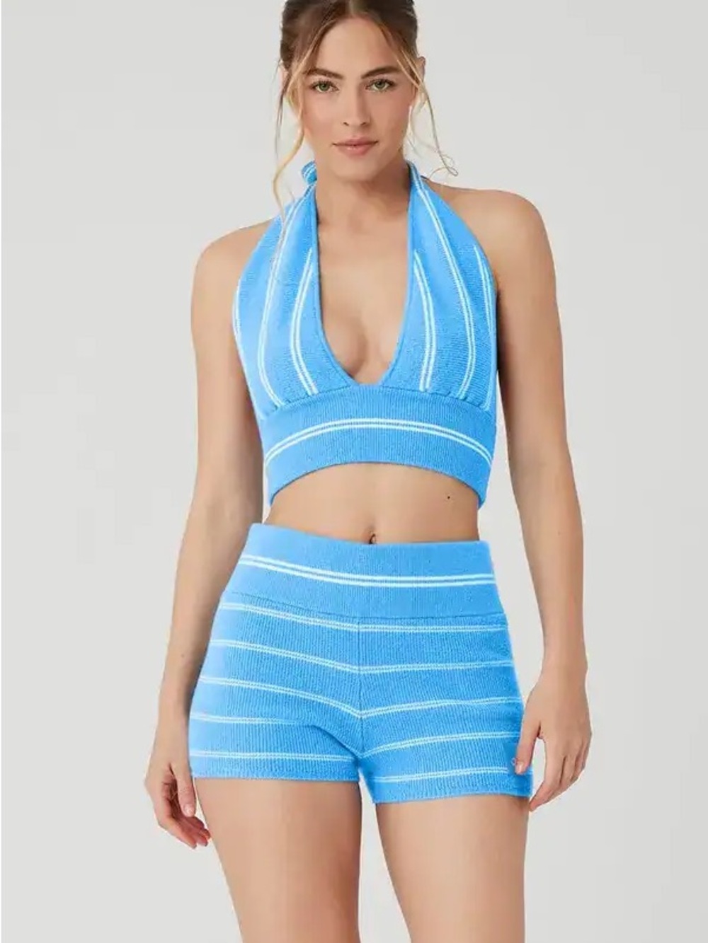 Alo Yoga Cashmere Mini Stripe Halter Top & Shorts Set in Azure Blue/White